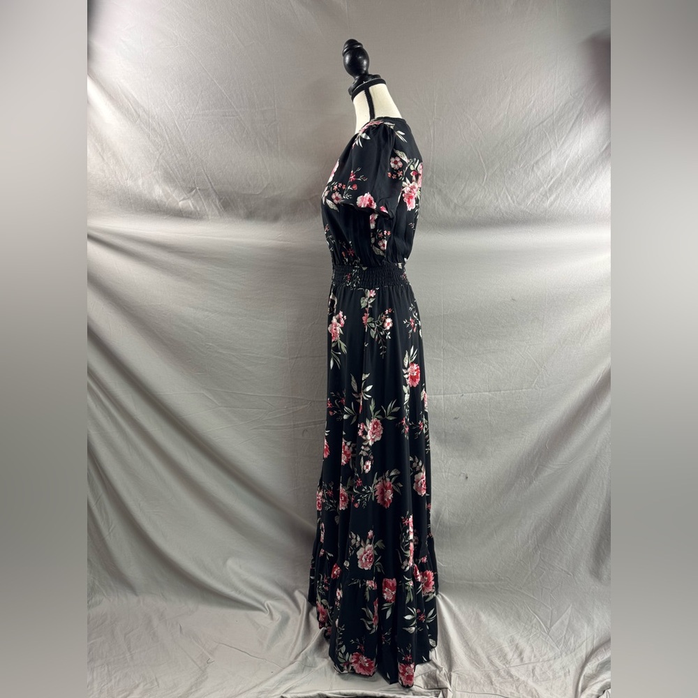 Black Boho Rose Floral Print Button Front Split Thigh Dress - Picture 13 of 14